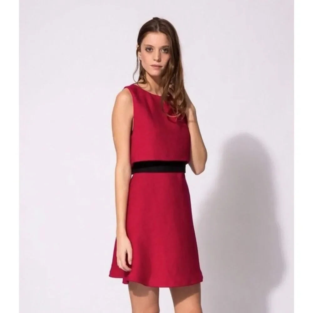 EUC Maje Rituel Sheer Midriff Stretch-crepe Dress Cerise Mesh Size L  Cocktail